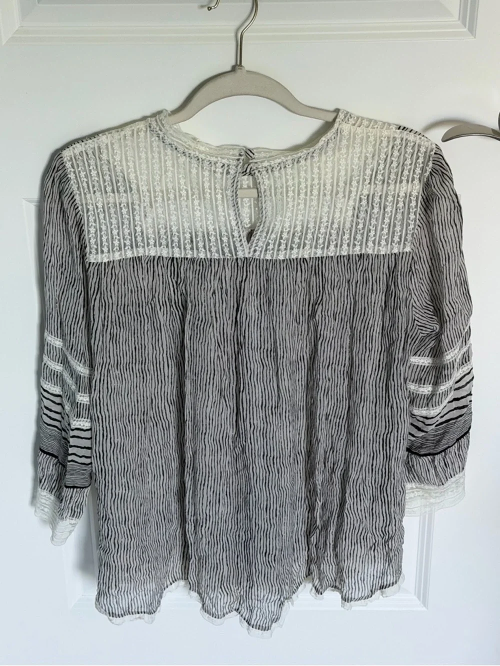 Anthropologie Floreat Black Reina Pleated Lace Striped Blouse Large 39636